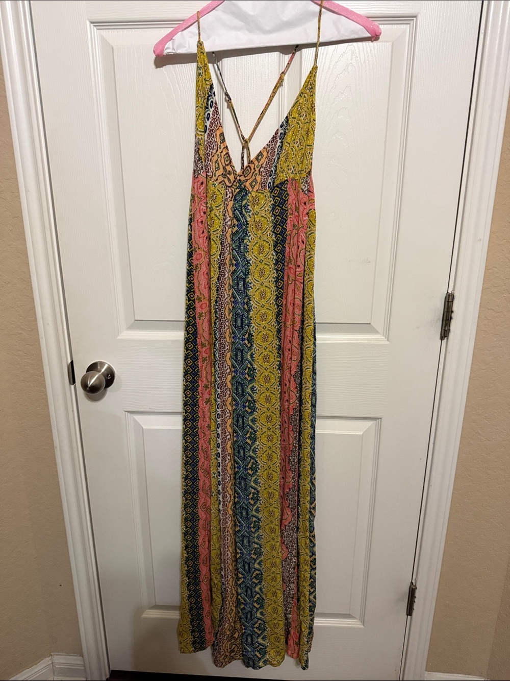 Striped Paisley Maxi Dress with V-Neck and Spaghetti Straps - Yellow Pink Blue